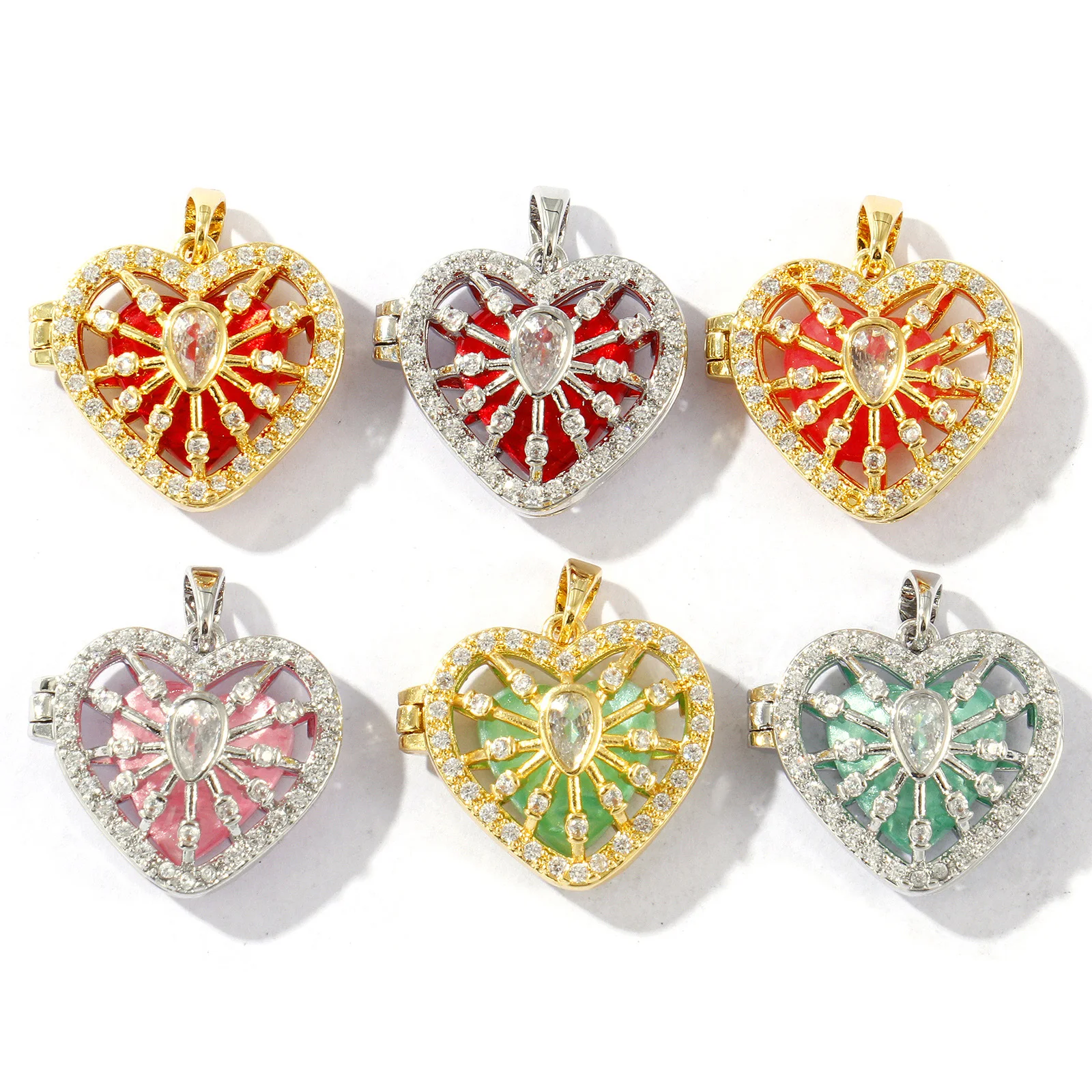 1 Piece Brass & Acrylic Valentine's Day Charms Multicolor Heart Can Open Clear Cubic Zirconia Pendants Necklace DIY 22mm x 20mm