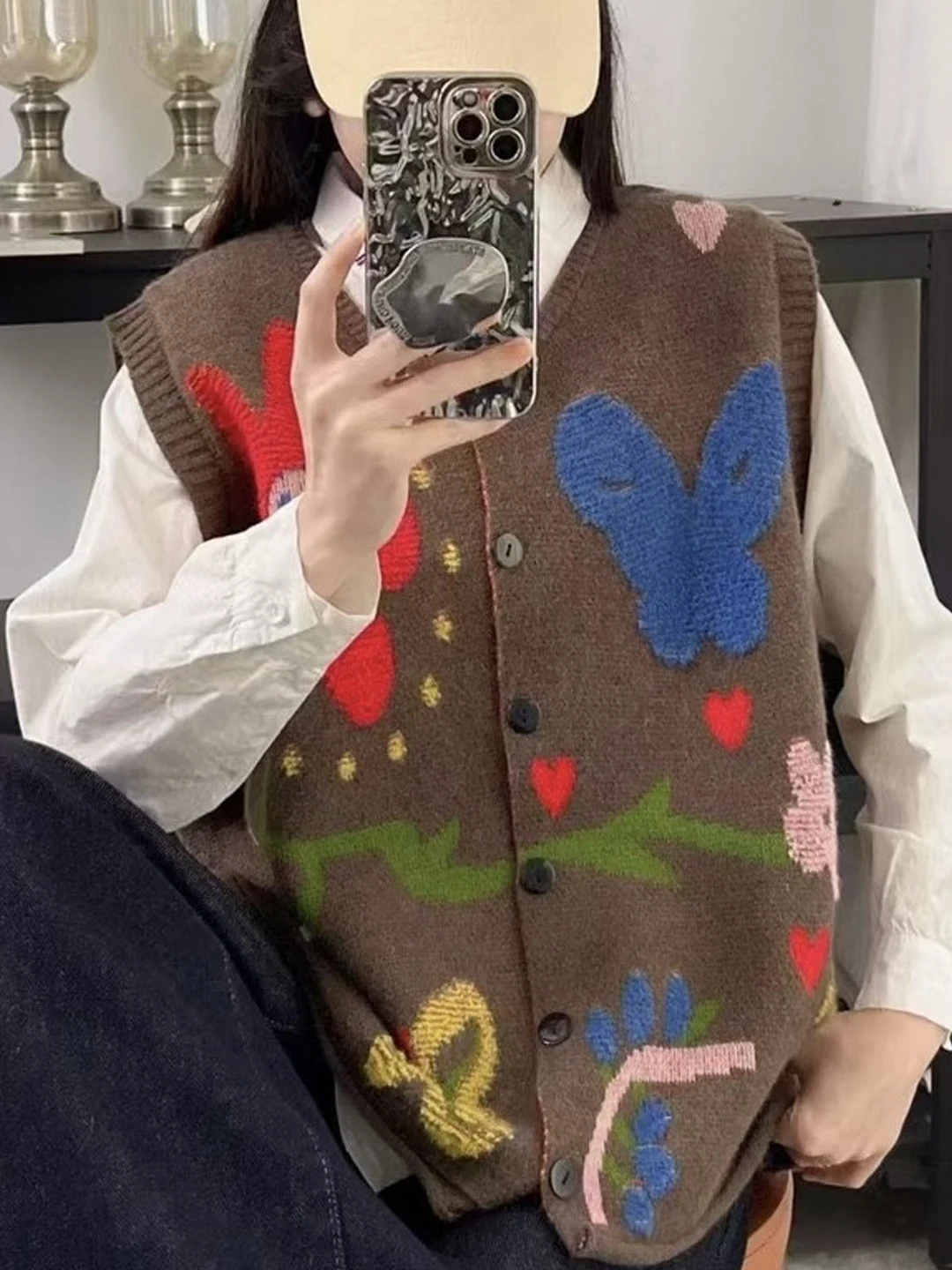 Spring Autumn Versatile Flocking Flower Spliced Color Women's Knitted Sweater Jacket plus Size Lazy Style Top Open Cardigan