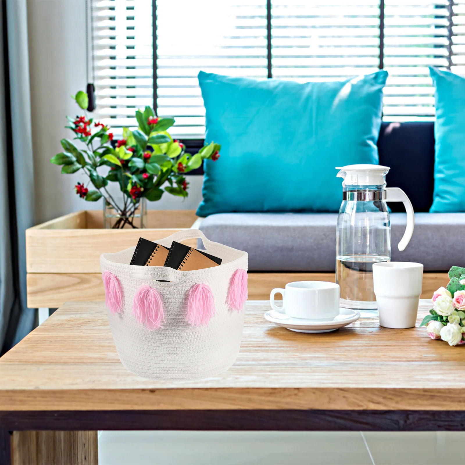 

Nordic Style Woven Cotton Rope Basket Decorative Tassel Storage Bucket Desktop Organizer Household Universal Storage Sundries