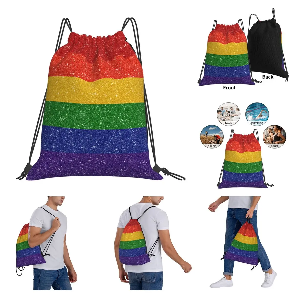 Faux Glitter Rainbow Pride Vlag Trekkoord Tassen Sporttas Hot Koop Rugzak Grappige Infanterie Pak