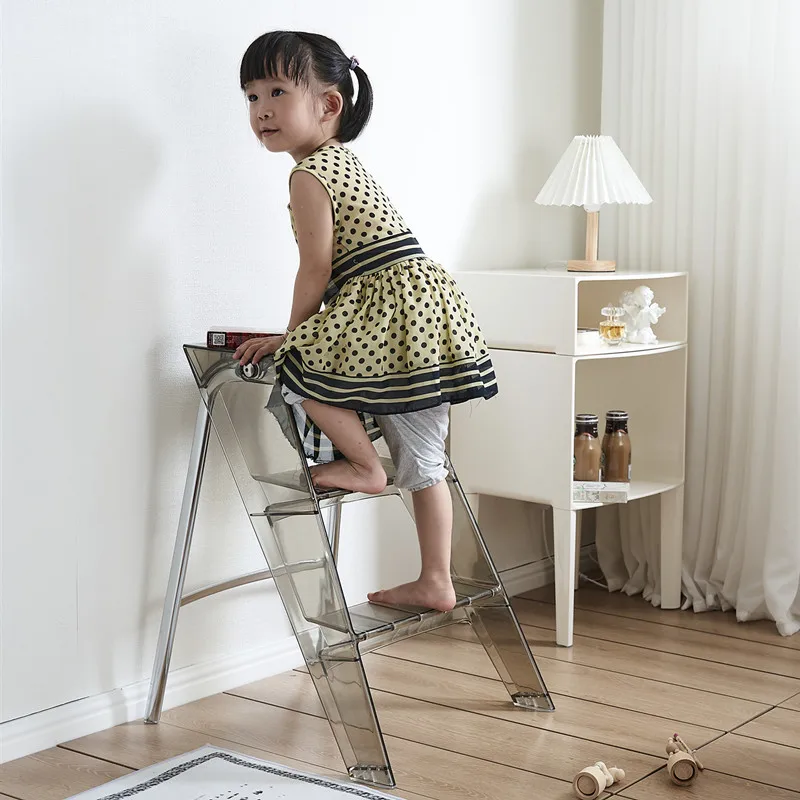 Nordic household functional ladder transparent folding indoor storage three-step herringbone ladder acrylic children