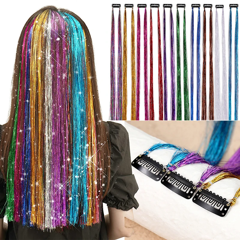 

10Pack Sparkle Tinsel Clip On In Hair Extensions for Girls Women Glitter Party Hair Accessories Rainbow Colored Bling Hair Piece