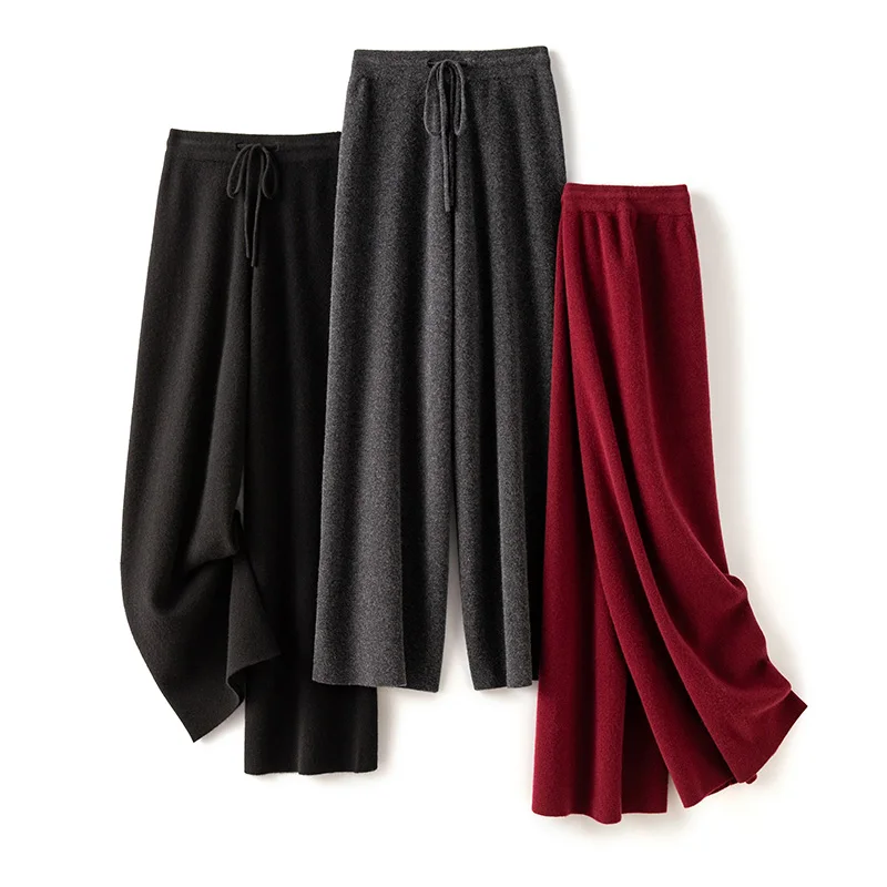 New 100% Australian Wool Women's Wide Leg Pants for Autumn and Winter Knitted Warm and Comfortable Women's Long Pants Solid colo