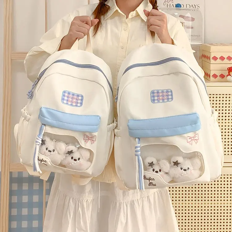 New  Knot Transparent School Bag Youthful Girl Backpack Double Layered Zipper Closure Water Resistant Nylon Material