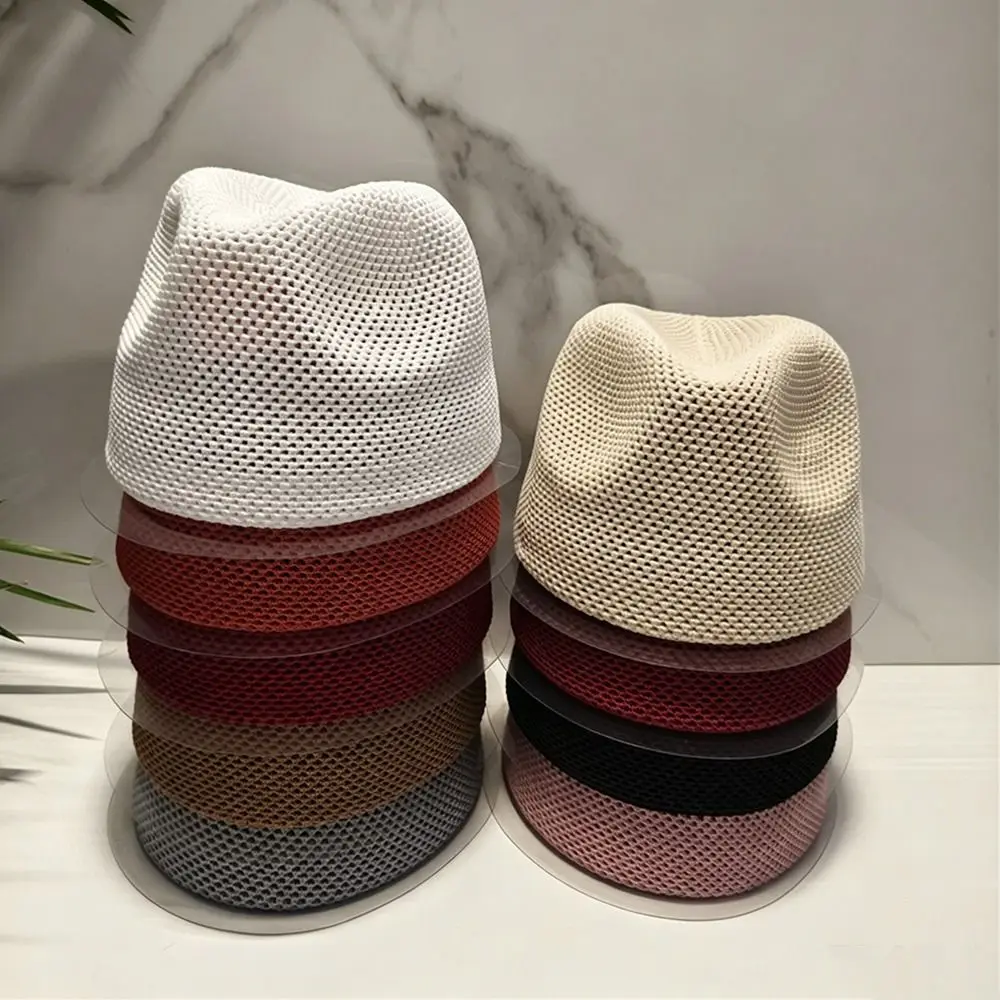 Breathable Mesh Knitted Pillbox Hat Lightweight Knit No Brim Design Women Bucket Cap Multiple Colors Mesh Panama Hat