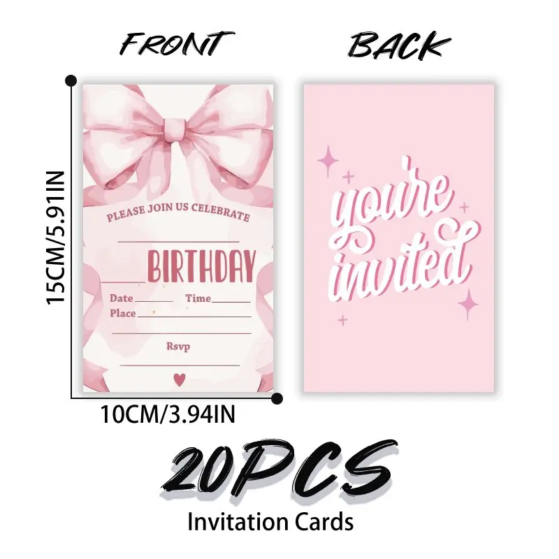 20 قطعة، بطاقة دعوة عيد ميلاد لطيفة على شكل فيونكة كرتونية، 20 بطاقة دعوة عيد ميلاد تحت عنوان الفتاة #2