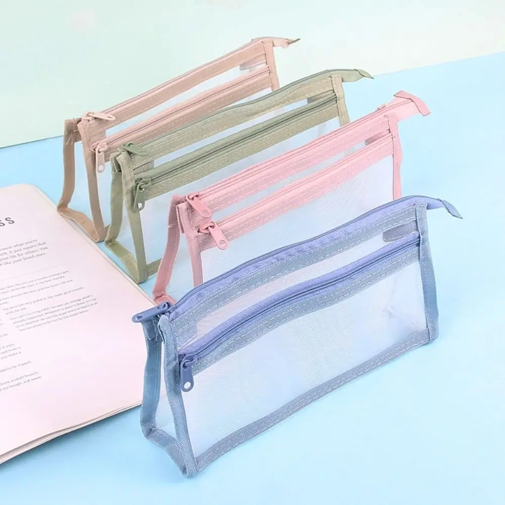 Transparent Mesh Transparent Pencil Pouch Zipper Pouch Wide Opening Mesh Stationery Bag Morandi Colors Portable Pencil Case