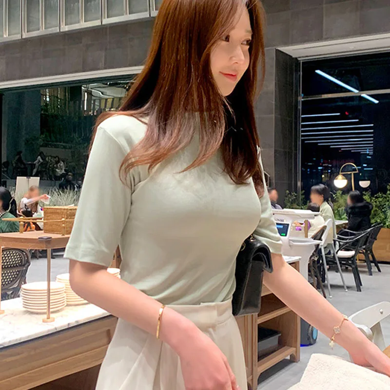 

Футболка мятного цвета с высоким воротником-Quarter Sve, универсальная удобная женская футболка Dongda Gate 2023, Sli White Enhancing