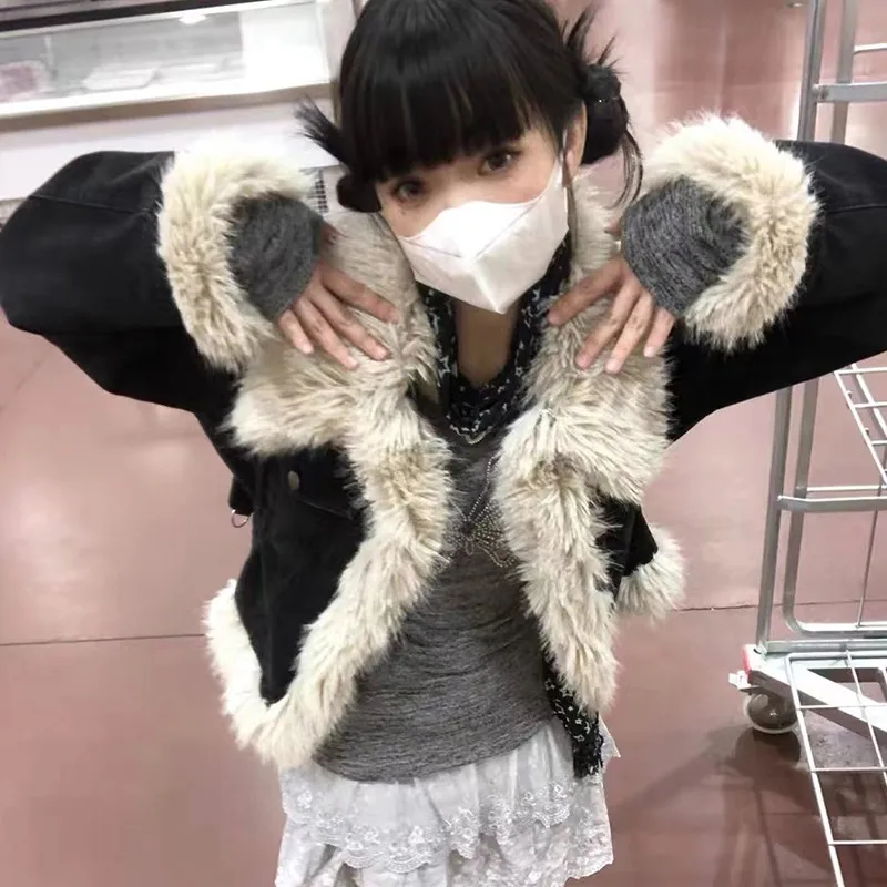 Y2k جماليات معطف الدنيم الأسود الجرونج Fairycore الجينز الفراء سترة 2000s Harajuku معطف الشتاء المرقعة خمر الكورية #3