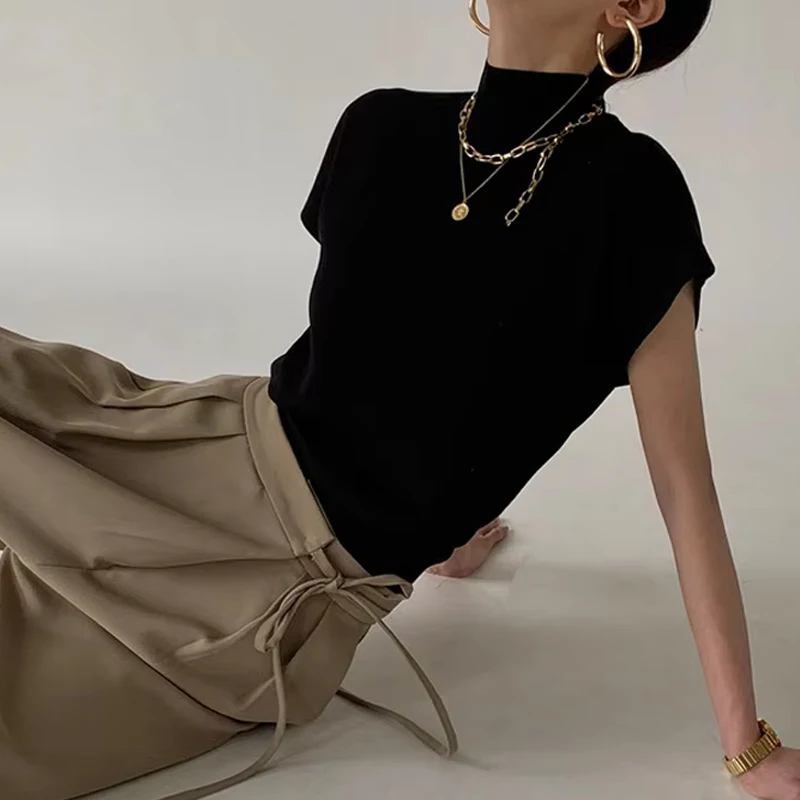 موضة الوقوف طوق سليم المرأة محبوك سترة فضفاضة الصلبة أنيقة مستقيم القمم قصيرة الأكمام مكتب سيدة تي شيرت قميص فضفاض #3