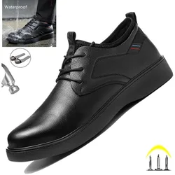 Zapatos formales de cuero genuino para hombre, zapatos de cocina impermeables antideslizantes, botas con punta de acero indestructibles, calzado Masculino