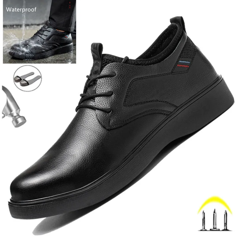 Men Genuine Leather Formal Shoes Waterproof Non Slip Kitchen Shoes Indestructible Steel Toe Cap Boots For Men Male Footwear