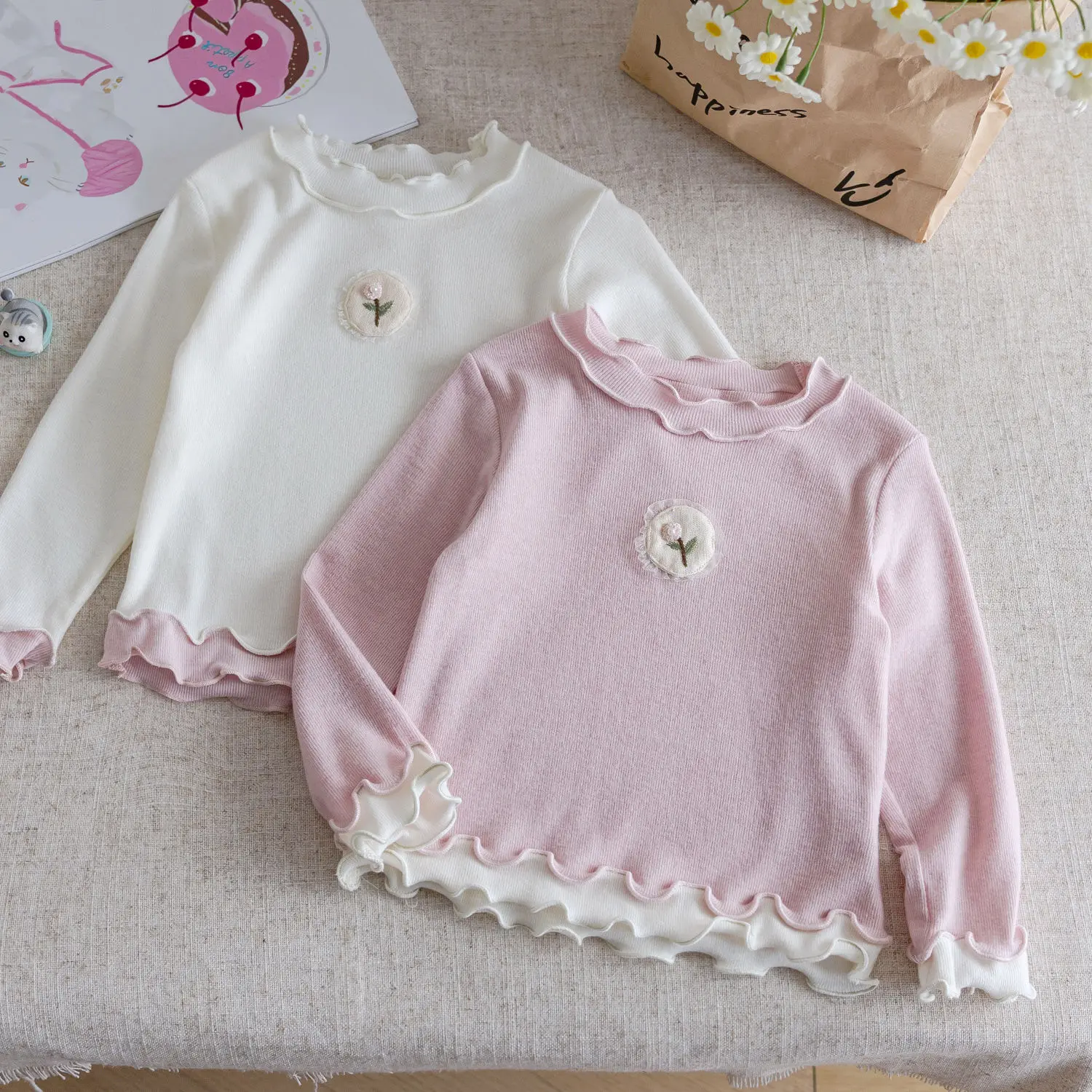 

Весенне-осенняя футболка с длинным рукавом для девочек, из чистого хлопка, двухслойная, с кружевными вставками, универсальные топы для малышей и девочек