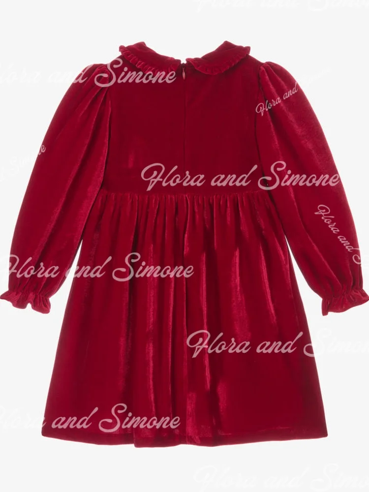 Customized Red velvet bow Long sleeves Flower Girl Dress for Christmas celebration Wedding Ceremonies Formal Receptions Birthday