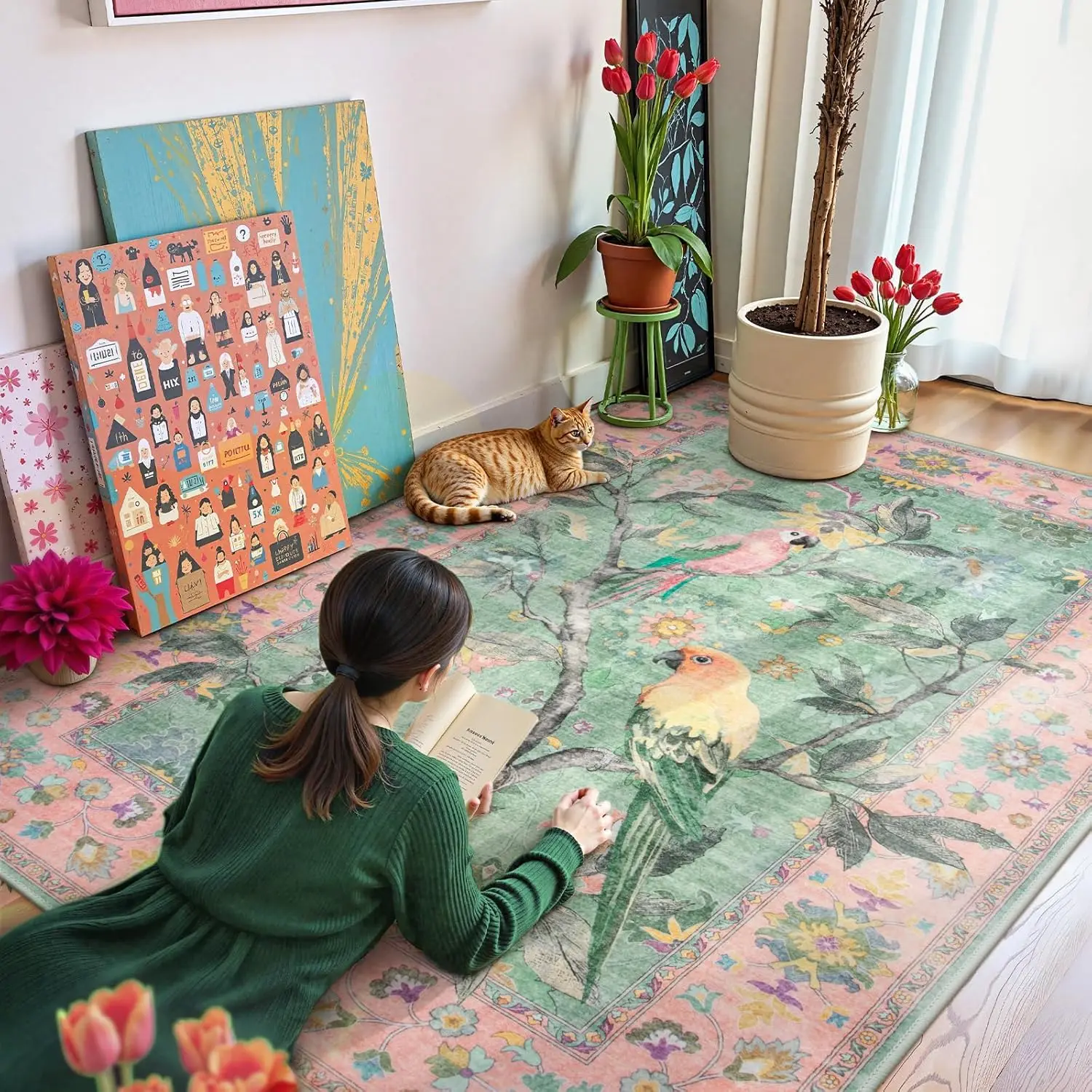 Pink Rugs for Bedroom Girls,Washable Living Room Dining Room Rugs for Under Table, Vintage Indoor Carpet Throw Nursery Carpet