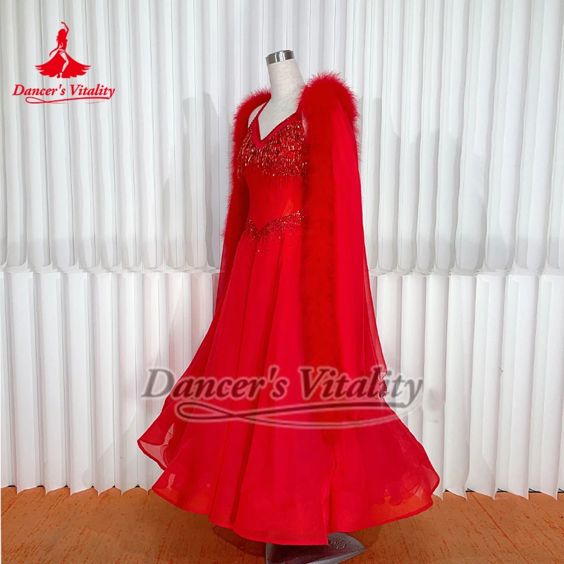ชุดเดรสเต้นรำบอลรูมสำหรับผู้หญิง แต่งขนนก สำหรับผู้ใหญ่ ระดับขั้นสูง แบบสั่งตัดได้ สำหรับเต้นรุมบ้า ควิกสเต็ป วอลซ์ แทงโก้ ชุดแข่งขัน