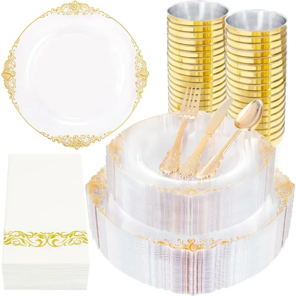 

350PCS Clear Gold Disposable Dinnerware Sets, 100 Gold Disposable Plates, 150 Gold Plastic Silverware, 50 Cups and Napkins