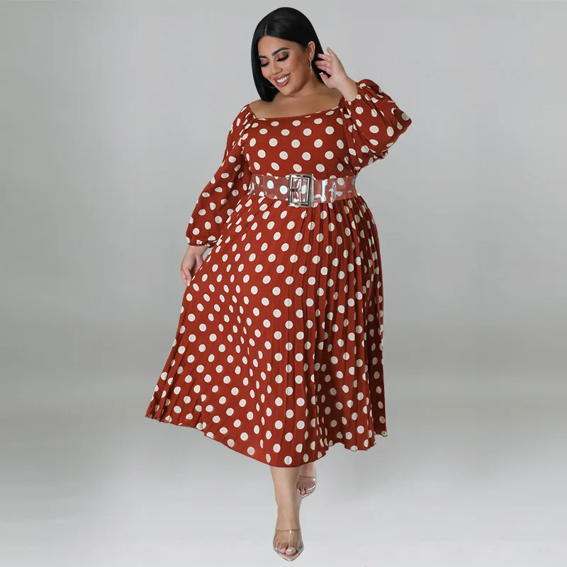 MY1028 plus size women's long sleeved one collar pleated printed polka dot dress with waist belt