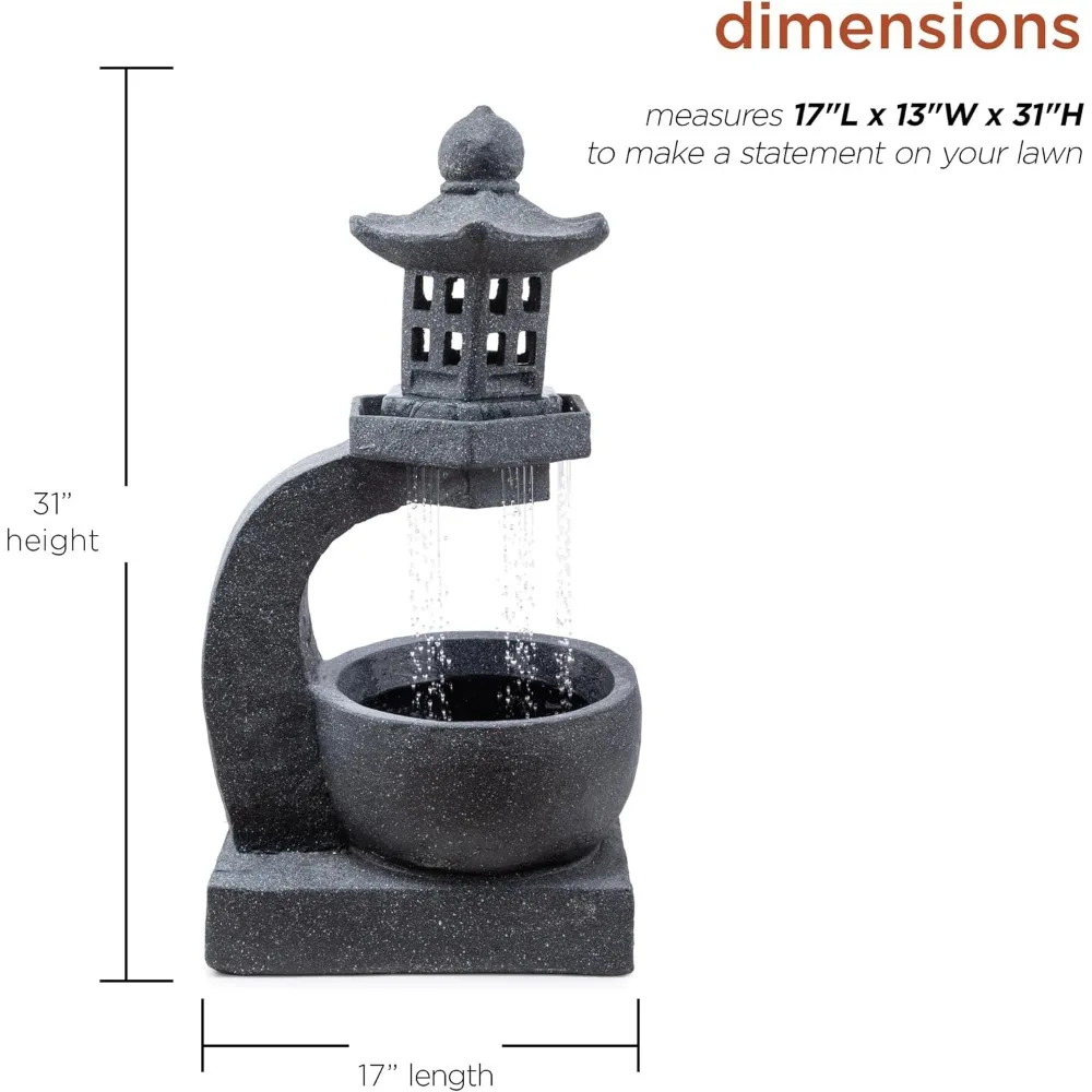 Outdoor Floor Tranquil Zen Pagoda Water Fountain W/LED Lights & Illuminated Stone Bowl, 31