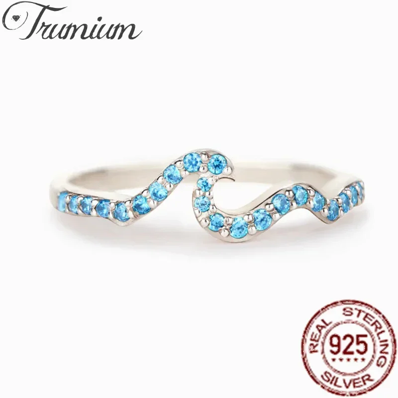 Trumium Authentic 925 Sterling Silver Simple Wedding Engagement Ring Geometric Blue Wave Finger Rings For Women Fine Jewelry