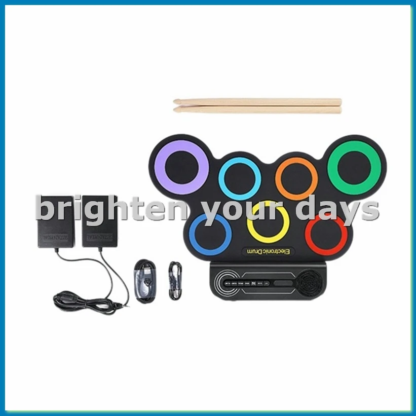 Electric Drum Set Built-in Speaker, Kids Portable Roll Up Drum Machine with 2 Foot Pedals, Drumsticks Multicolor&Black-VVNB