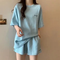 Simple Casual High Waisted Short Summer Women's Suit Loose Short Sleeve Shorts Sets Fashion Versatile Embroidery Two Piece Set