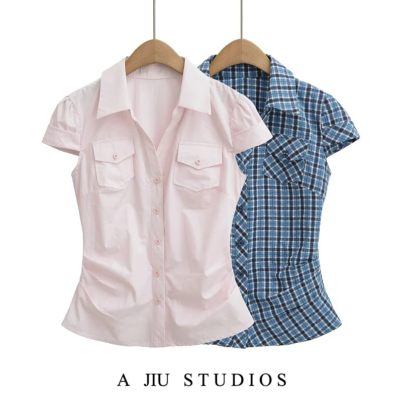 

Корейский Sle Slim Fit ort Sve irt с ket Женский летний новый дизайн с застежкой на талии Pure Desire Топ из хлопка и полиэстера...