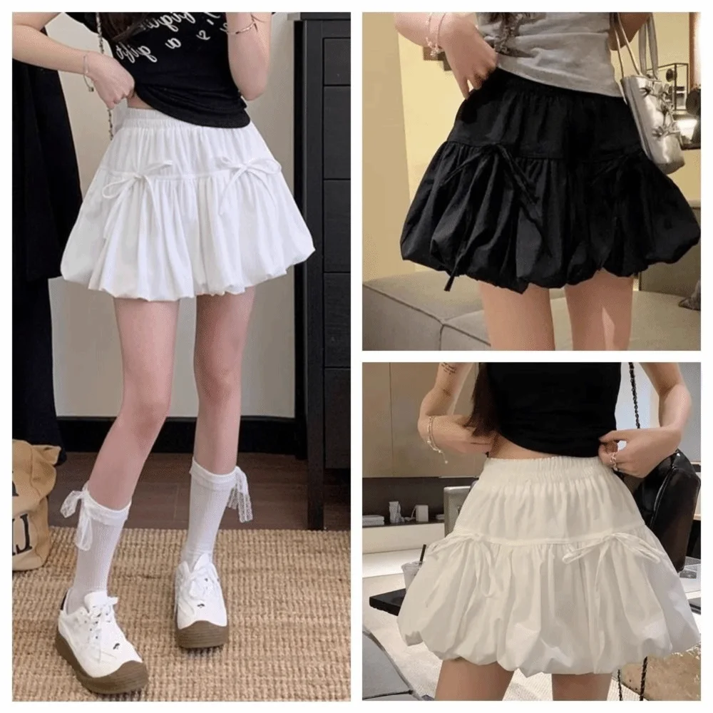 Sweet Polyester Bubble Skirt Bow Decorated High Waist Cut Bow Half Skirt Short Length Bud Shape Hem Puffy Skirt Bottom Daily
