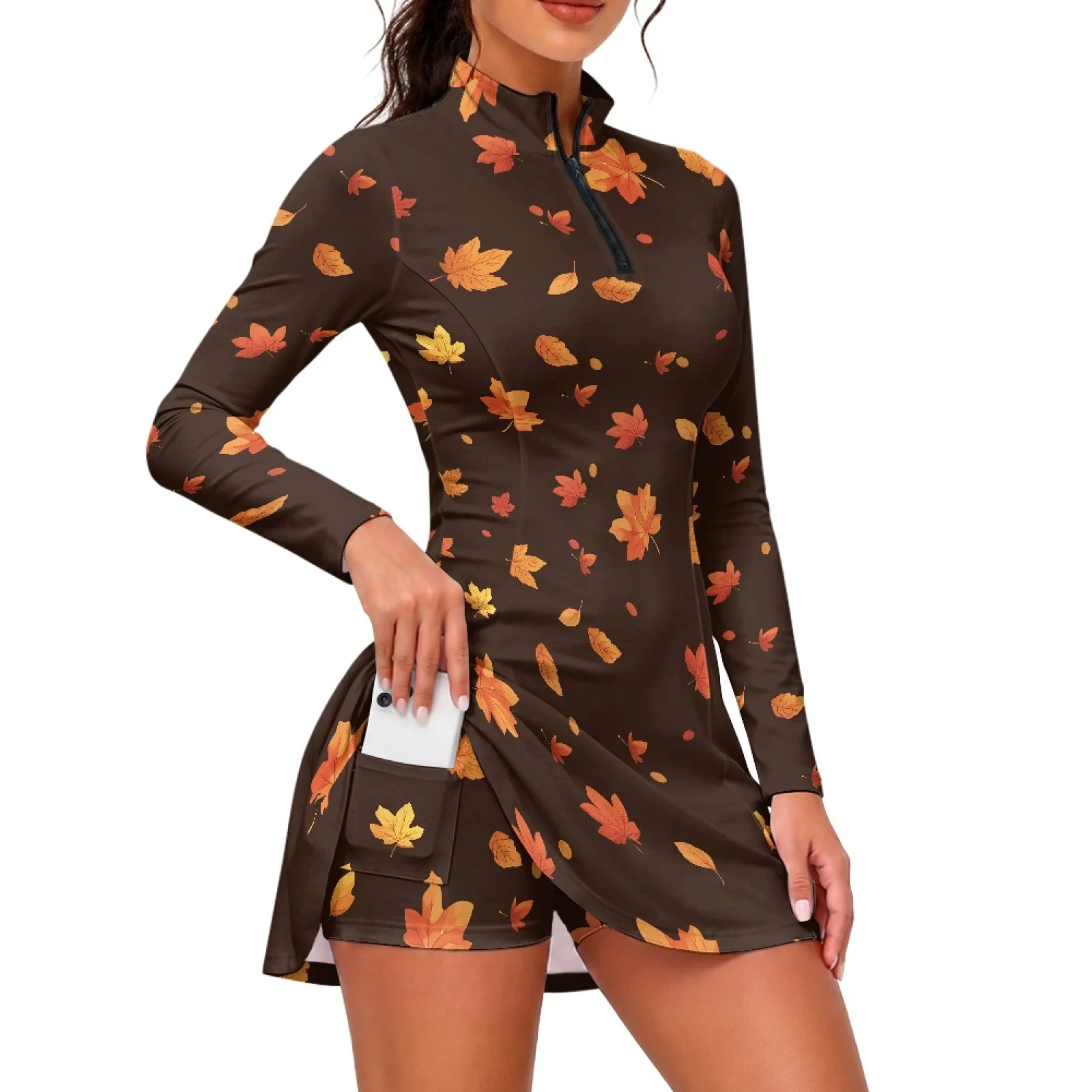PENSTROLL Maple Leaf Tennis Dress 2 Piece Sets Romper Dress Breathable Long Sleeve Athletic Golf Dress for Summer Pickleball