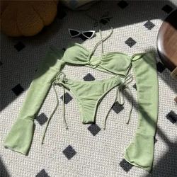 Light Pink Shiny String Halter Bandeau Bikinis Set Swimwear with Sleeves Lace-up Micro Thong Sexy Swimsuit Women Bikini Mujer