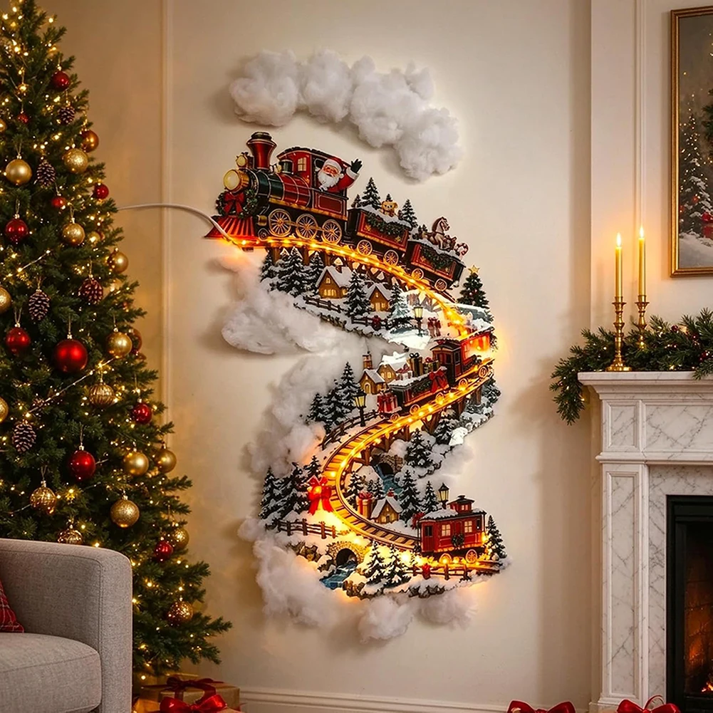 Led Santa Train Wall Hanging Lighted Christmas Canvas Art Cordless, Battery-Powered Design Bedroom Living Room Decor
