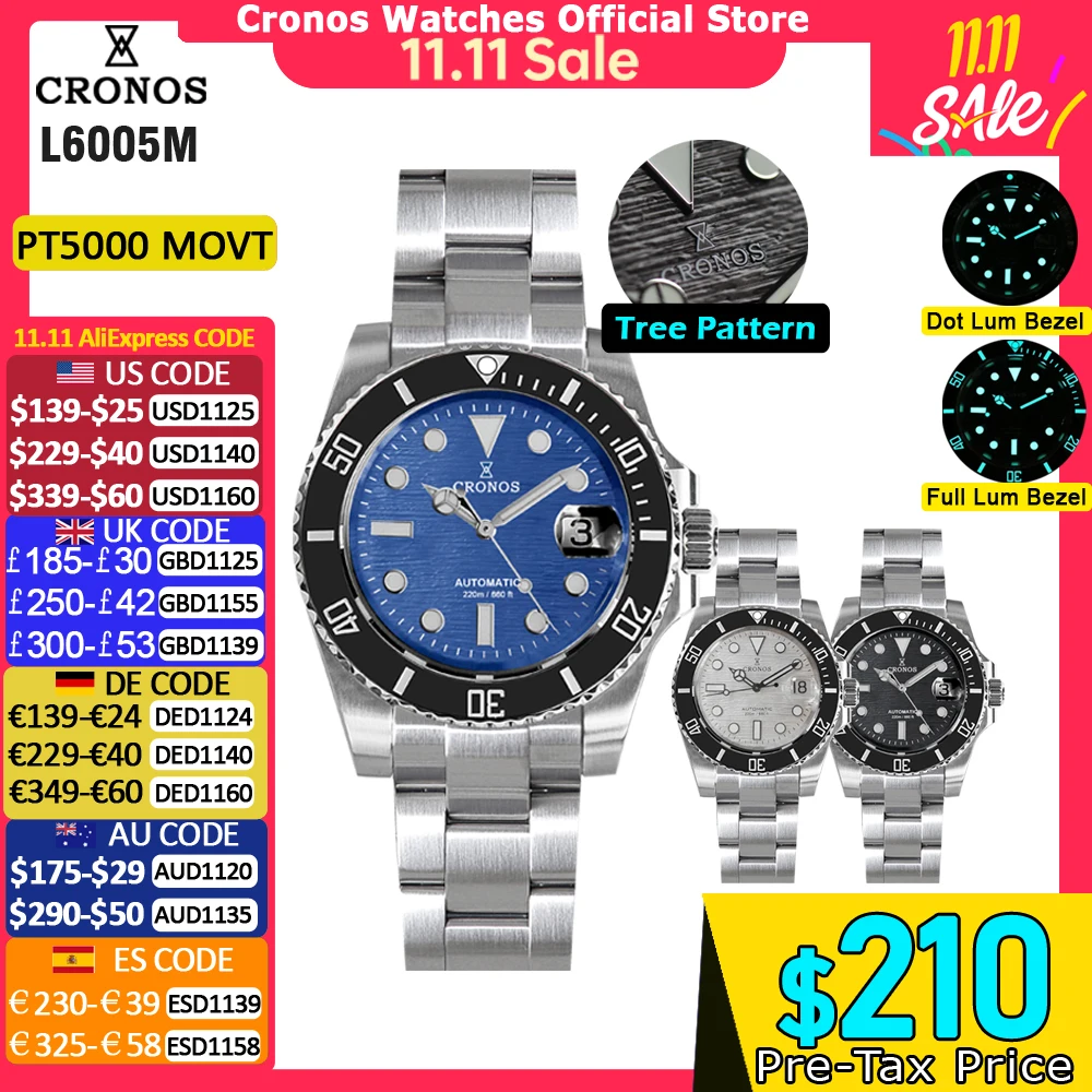 Cronos Sub Diver Men Watch Pattern Dial Stainless Steel PT5000 Brushed Bracelet Ceramic Bezel 200 Meters Water Resistant L6005M