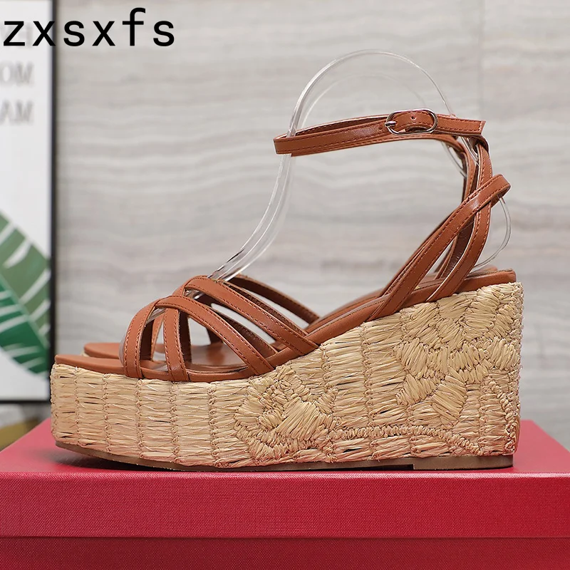 

Summer Wedge Heel Platform Sandals Women Real Leather Ankle Strap Party Shoes Women's High Heel Modern Sandalias Mujer