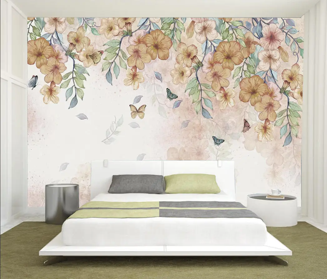 

Custom Wall Mural Wallpaper Modern hand drawn warm small fresh floral rose modern background wall wallpapers home decor