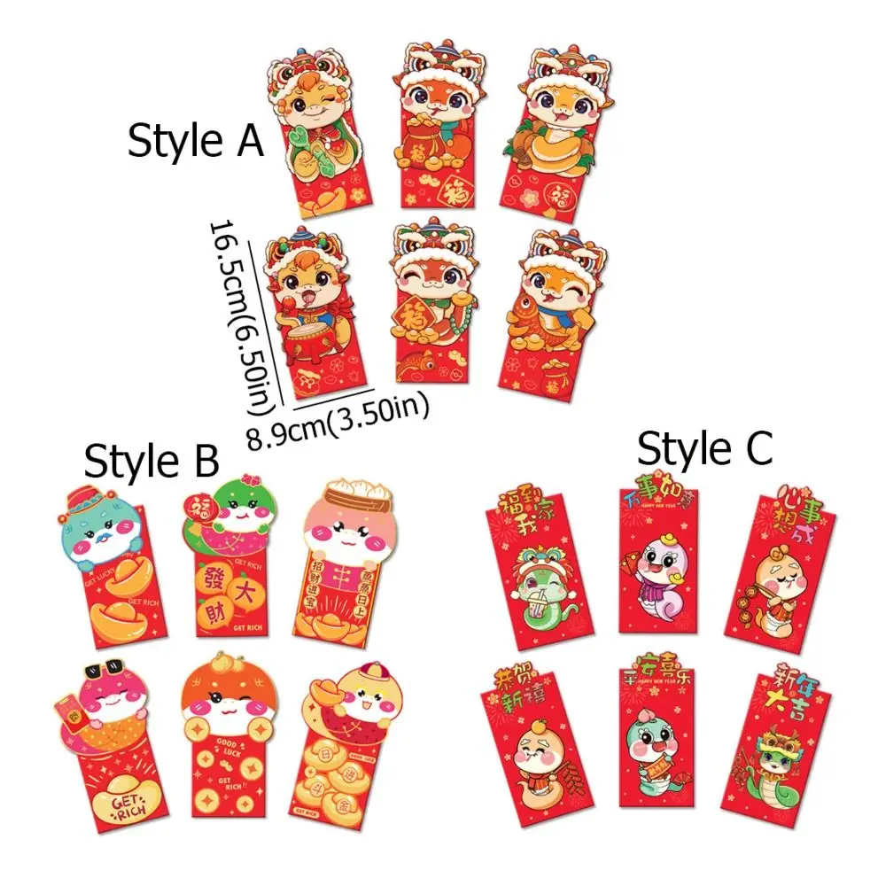 6pcs/set Cartoon Red Envelope Snake Pattern Blessing Words Lucky Money Packets Paper Chinese Style Money Pouches Lunar New Year