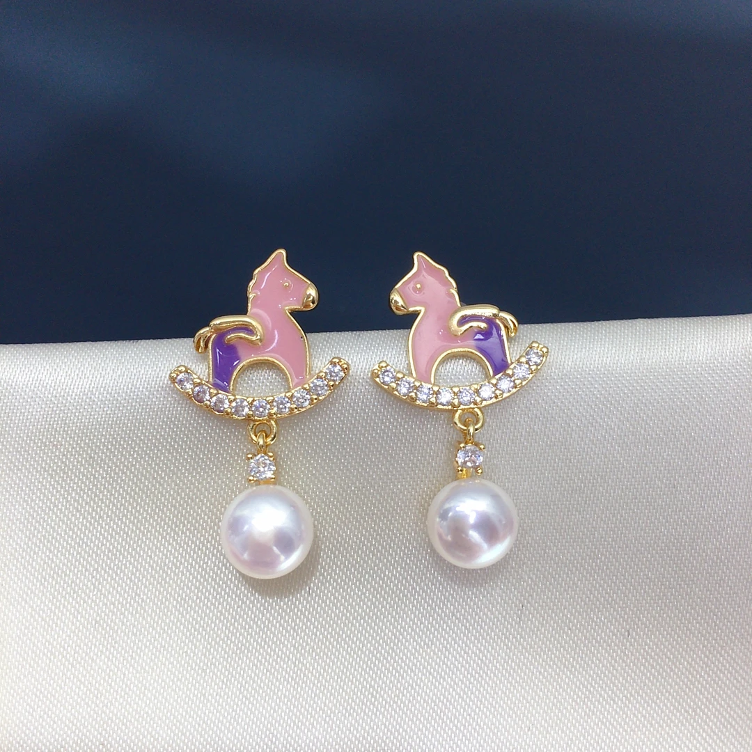 ZHBORUINI Freshwater Pearl Earrings 7-7.5mm with Zircon Symmetry Cute Unicorn Design Women's Fashion Jewelry Exquisite Gift