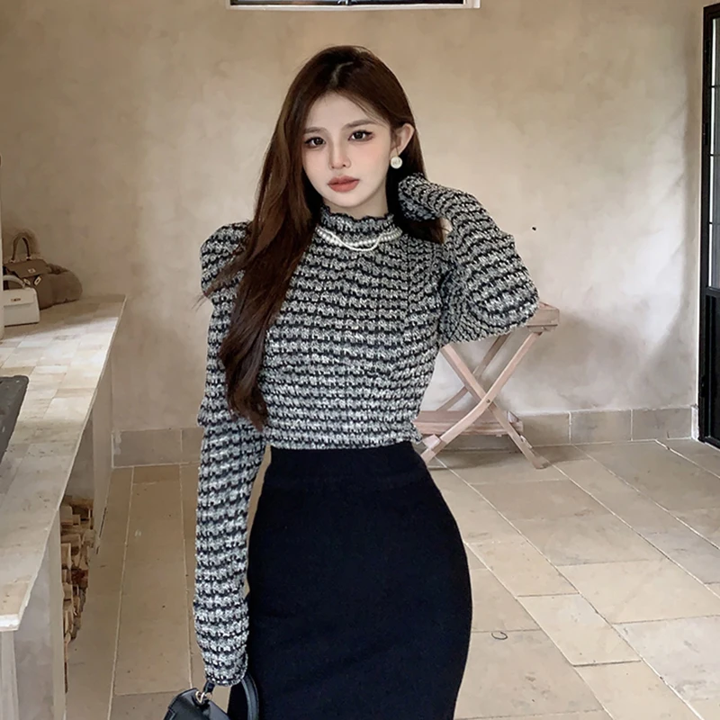 Y2K Striped Women T Shirts Korean Elegant Slim Turtleneck Female Casual Tees Autumn Puff Sleeve New Chic Ladies Crop Top