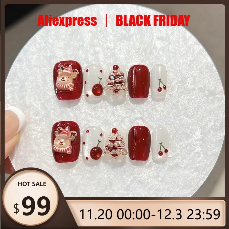 

10 шт., рождественский пресс ручной работы на ногтях, 3D красная вишня, рождественская елка, полное покрытие, ногти для женщин и девочек, съемный носимый дизайн ногтей
