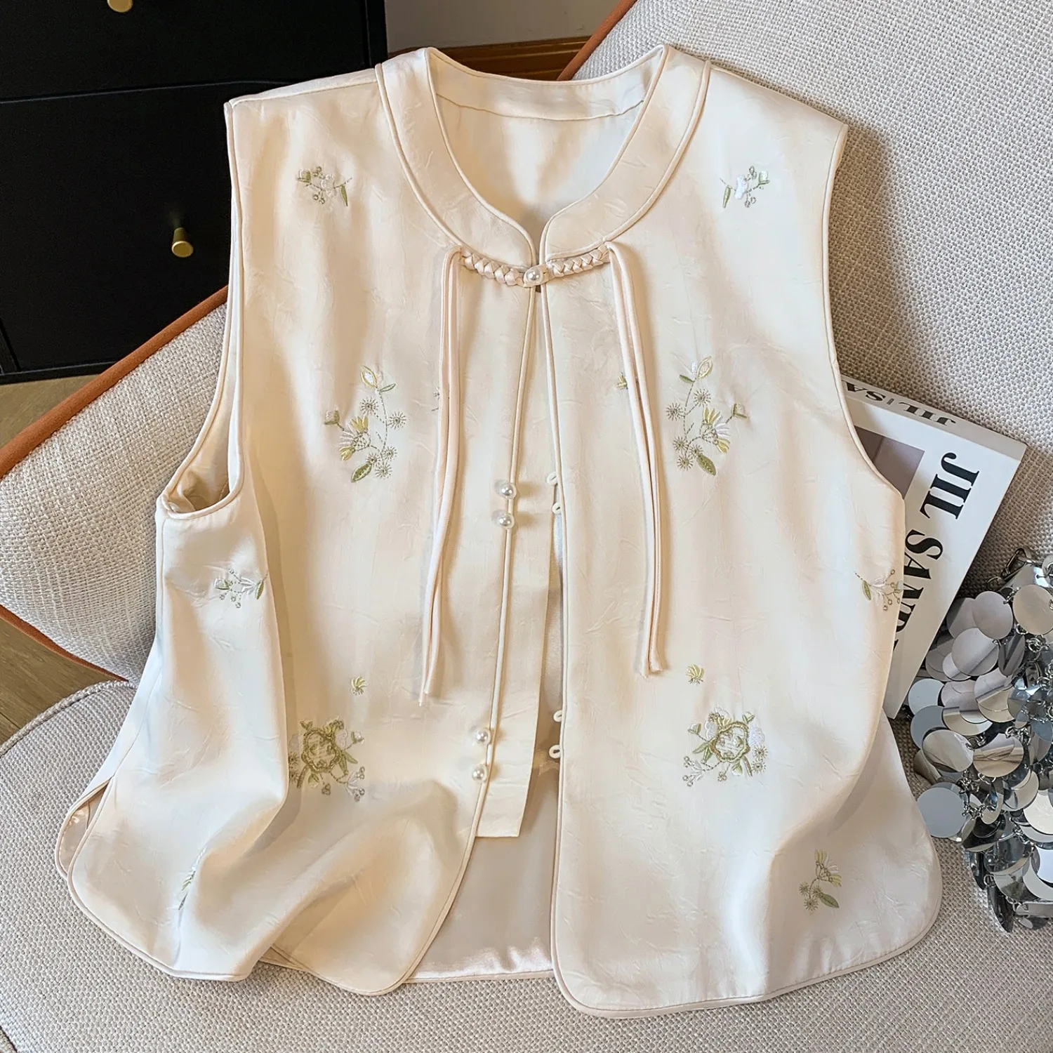 New Chinese Style Embroidered round Neck SONGJIANG Silk Jacket Vest Large Size Women's Fashionable Composite Fabric No Ironin...
