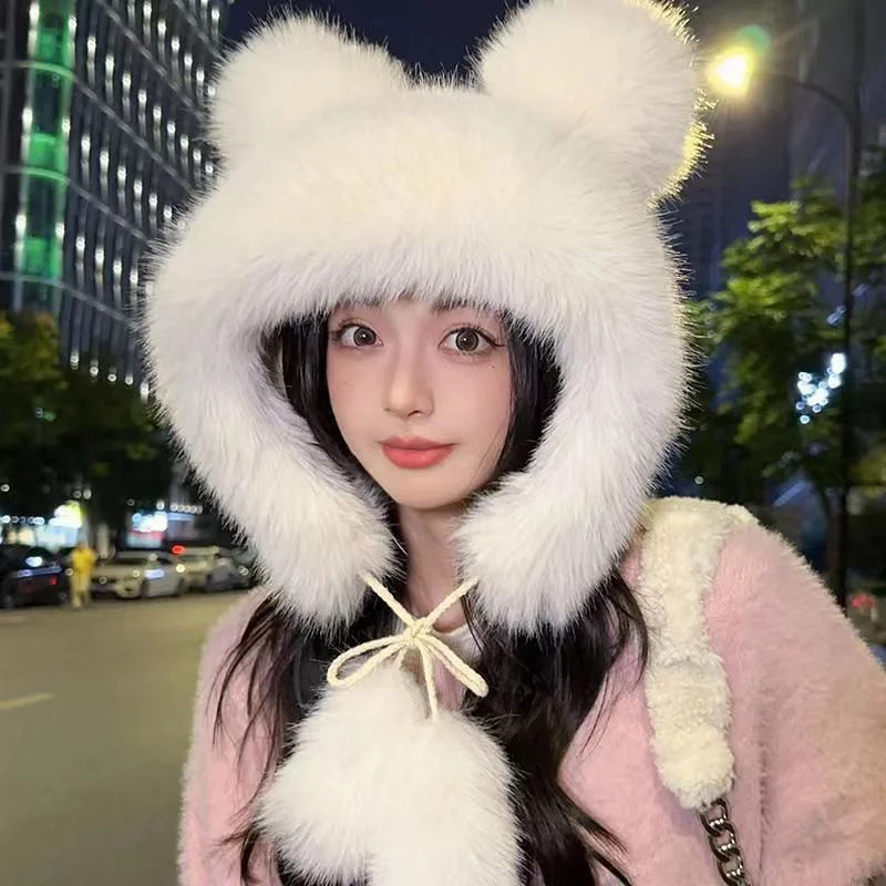 1 Pc small Bear Plush Hat Female Autumn And Winter Show Face Small Thickened Warm Ear Protection Cute Imitation Fox Fur Hat