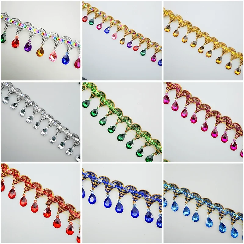 

Rhinestone Fringe Tassel Lace Trim with Acrylic Gemstone Pendant Pagoda 45mm Width for Wedding Dress DIY Sewing Ethnic Accessory
