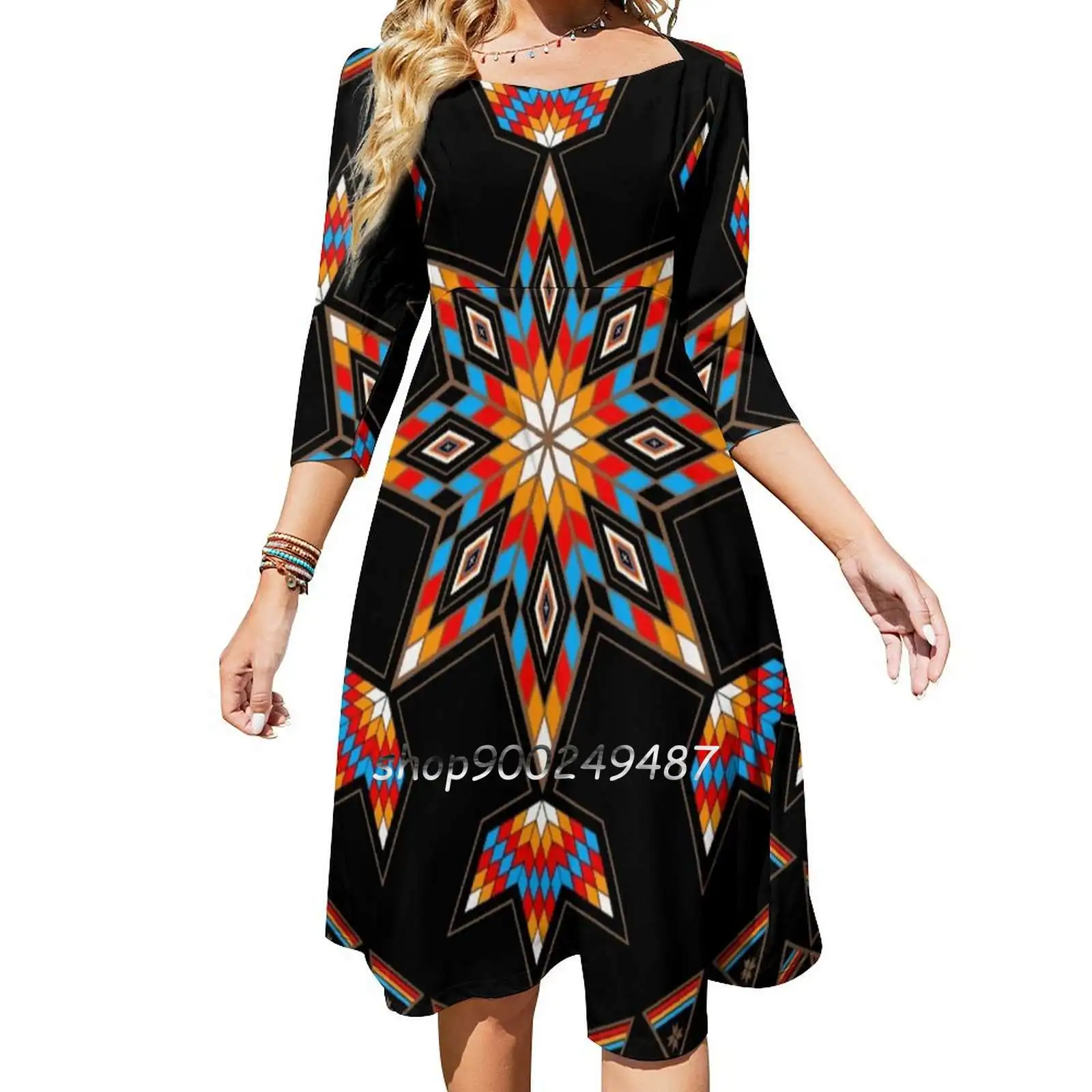 Morning Star Square Neck Dress Cute Loose Print Dresses Elegant Beach Party Dress Designs Melvin War Eagle Astronomy Astrology