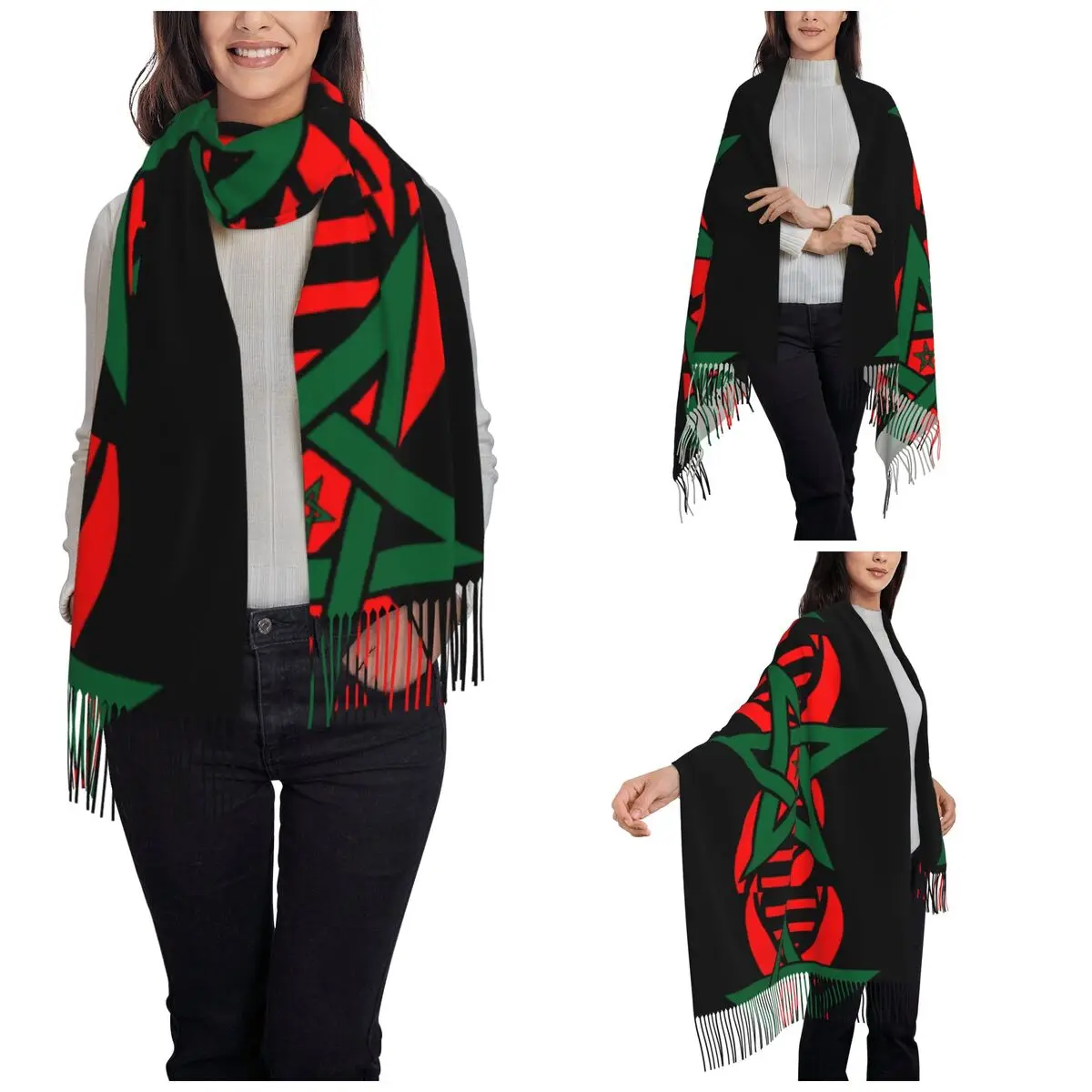 Women's Scarf with Tassel Moroccan Flag Morocco Long Winter Fall Shawl and Wrap Reversible Cashmere Scarf