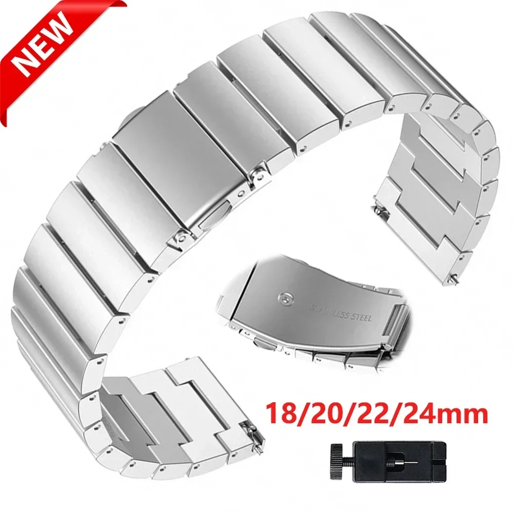 Solid Metal Watch Band 18mm 20mm 22mm 24mm Stainless Steel Wristband Smartwatch Replacement Strap Bracelet Watch Accessories