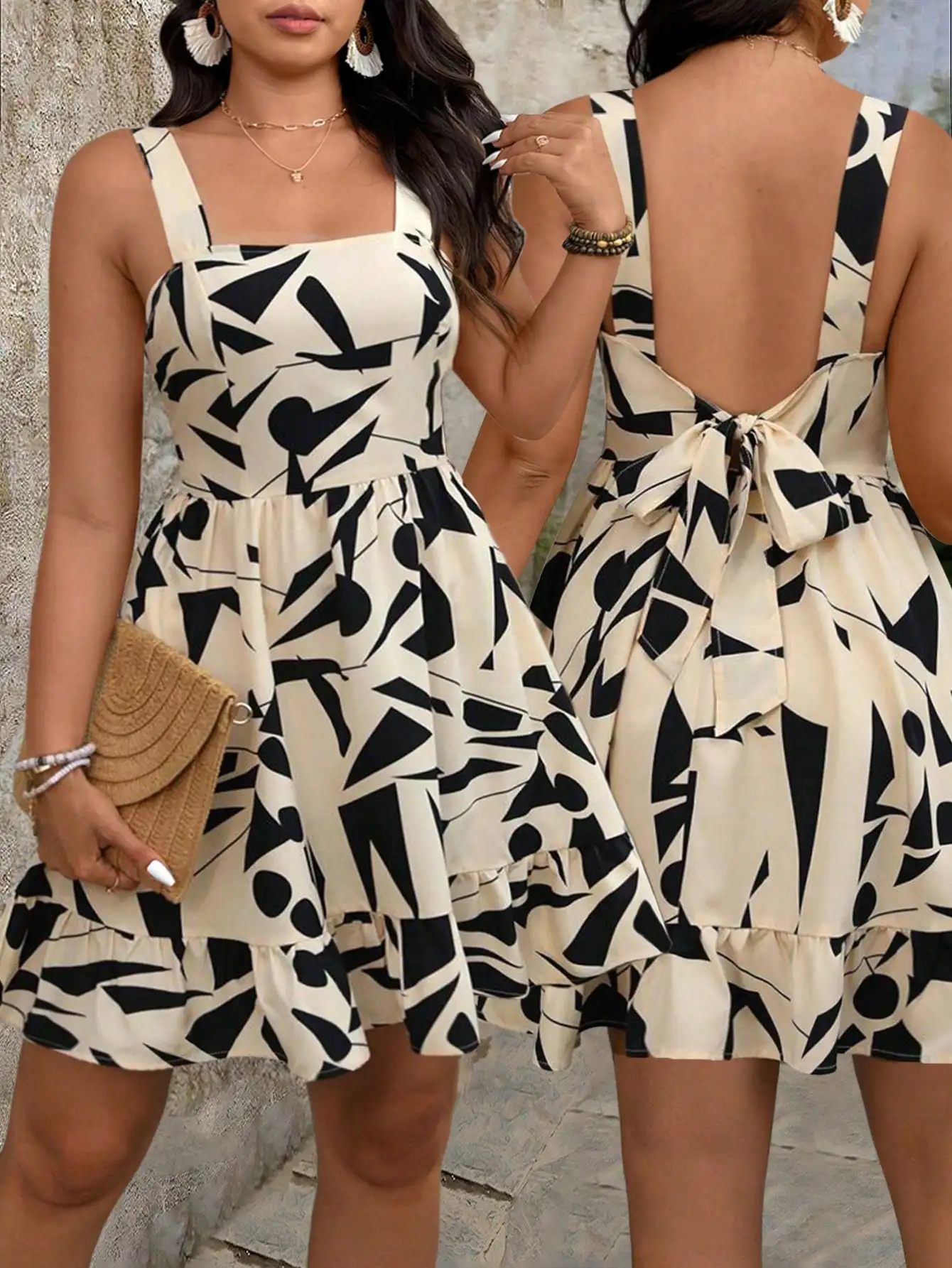 

Черно-кремовое мини-платье с абстрактным принтом, квадратным вырезом, бантом на спине и расклешенной юбкой