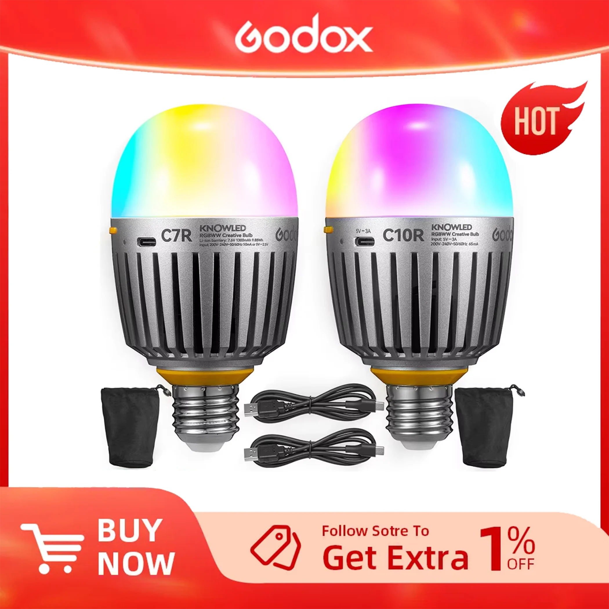 Godox C7R C10R Bluetooth adjustable RGB bulb, portable built-in battery, magnetic RGB LED light