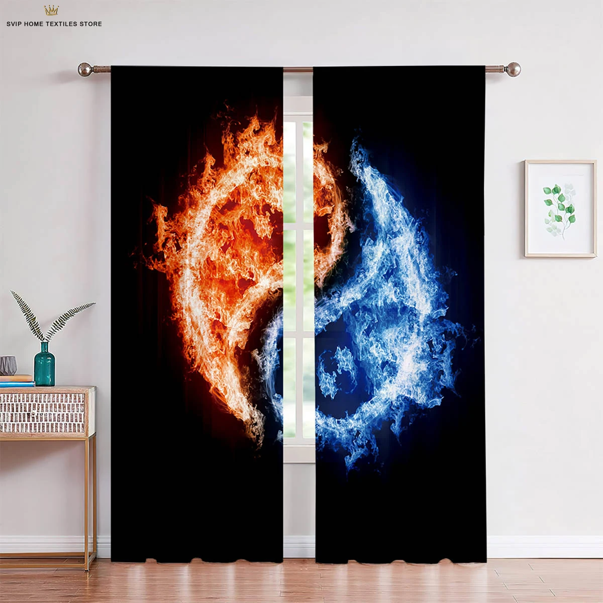 Creative Printed Curtains for Bedroom, 2-Piece Set of Water, Fire, Tai Chi and Two-Pole, Living Room and Kitchen Decorations