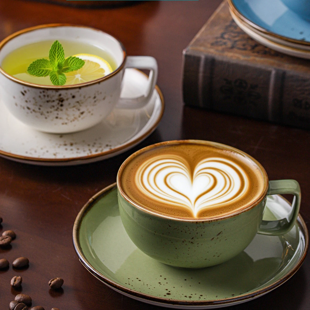 250ml Large Capacity Coffee Cup Dish Spray Color Splashing Ink Design Latte Cup Sets Vintage Wide Mouth Milk Tea Cups Plate