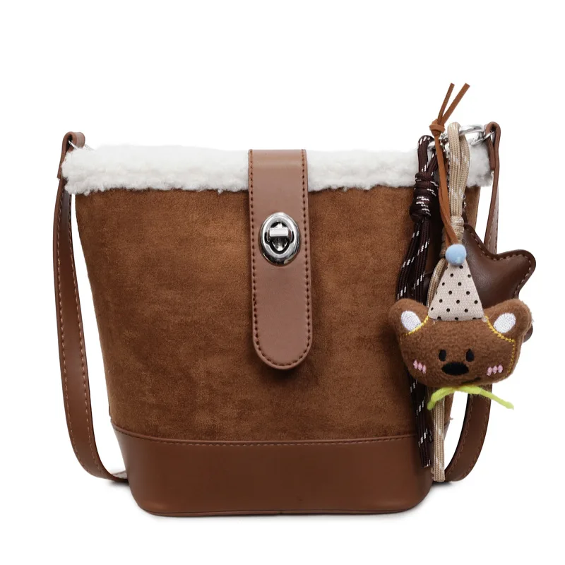 

Сумка-ведро через плечо премиум-класса из смеси кожи и замши, высококачественная текстурированная сумка на плечо для осени и зимы, модные женские сумки