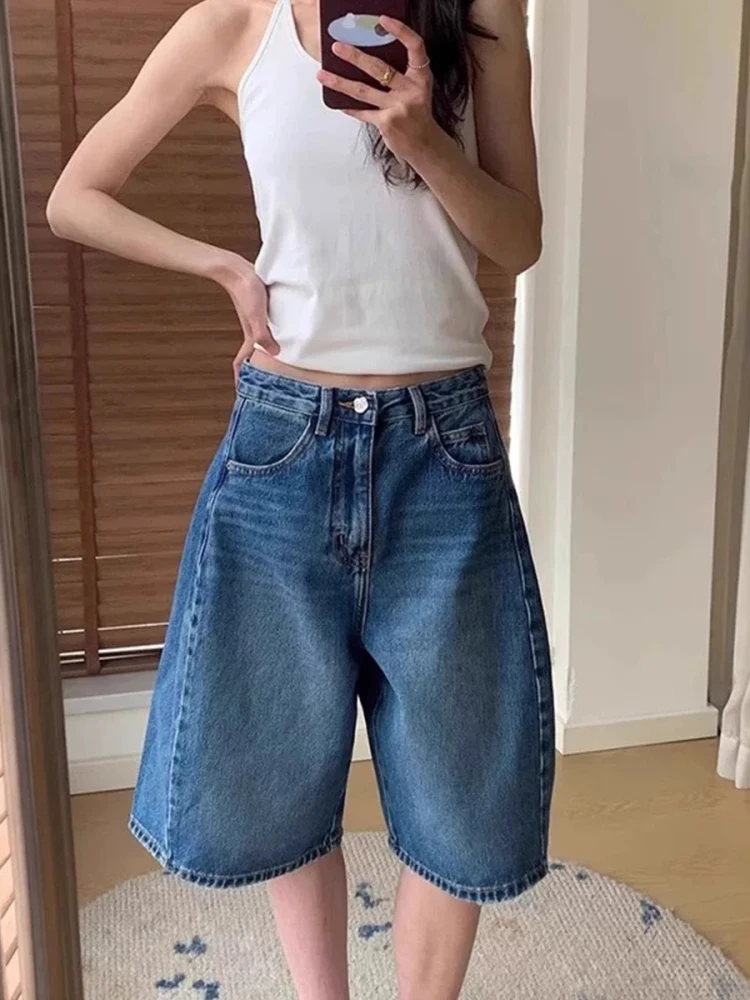 

Синие джинсовые джинсы трапециевидной формы с высокой талией. Женские летние джинсы свободного кроя больших размеров с прямыми штанинами и широкими штанинами длиной пять четвертей.